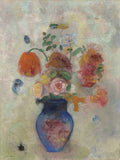 Quadro decorativo com imagem de um vaso de flores de Odilon Redon, apresentando um vaso azul escuro com arranjo floral em tons pastel de laranja, rosa, amarelo e azul, sobre um fundo esmaecido e sonhador.