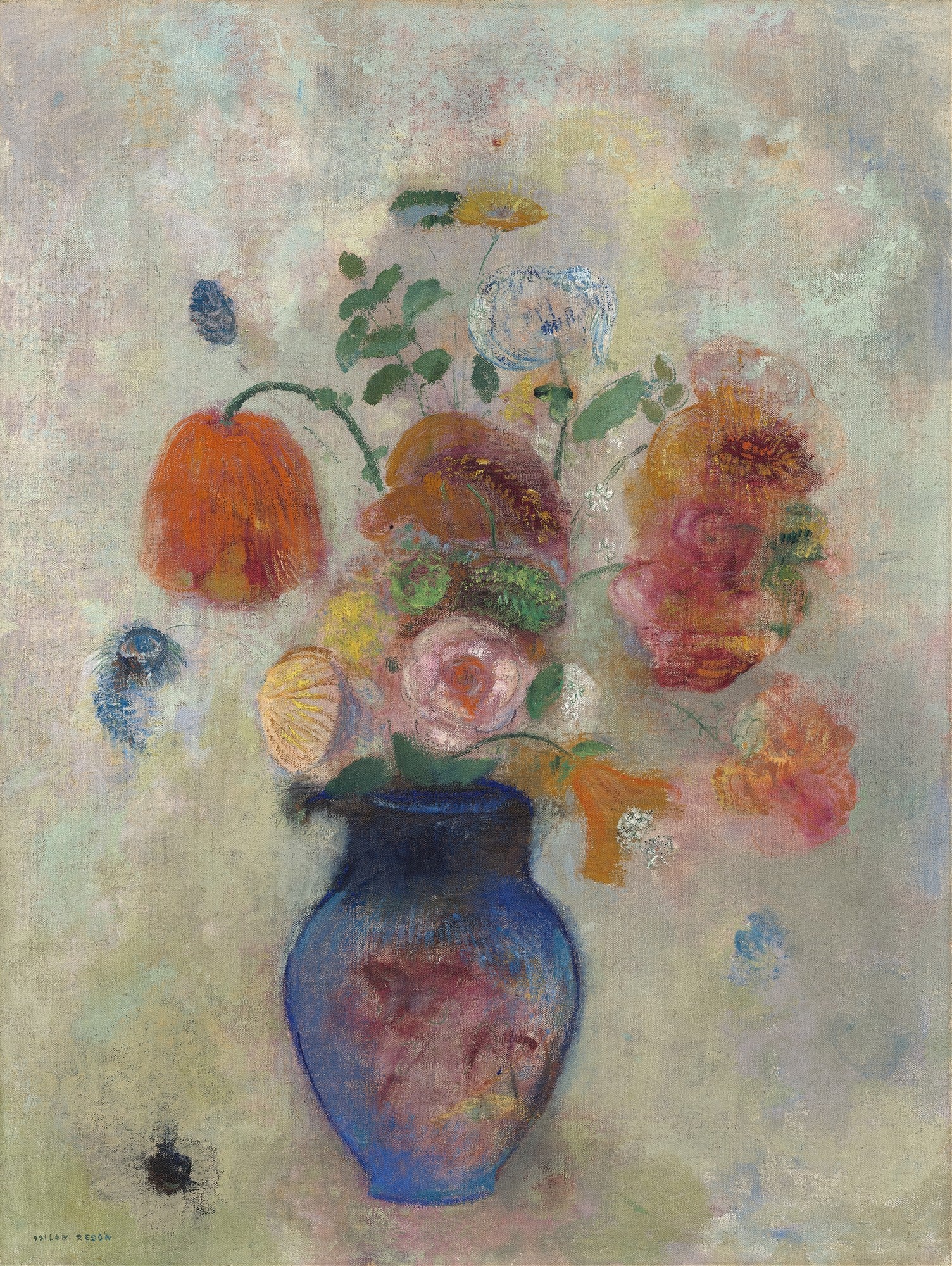 Quadro decorativo com imagem de um vaso de flores de Odilon Redon, apresentando um vaso azul escuro com arranjo floral em tons pastel de laranja, rosa, amarelo e azul, sobre um fundo esmaecido e sonhador.