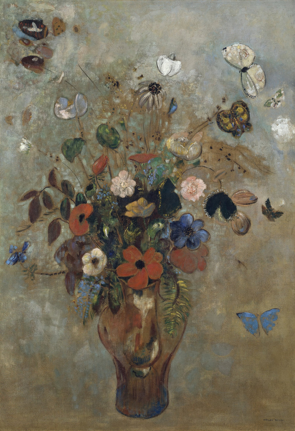 Quadro decorativo com pintura de Odilon Redon, 'Vaso de Flores com Borboletas', representando um arranjo floral em tons pastéis e terrosos, com borboletas esvoaçando ao redor, em estilo simbolista.