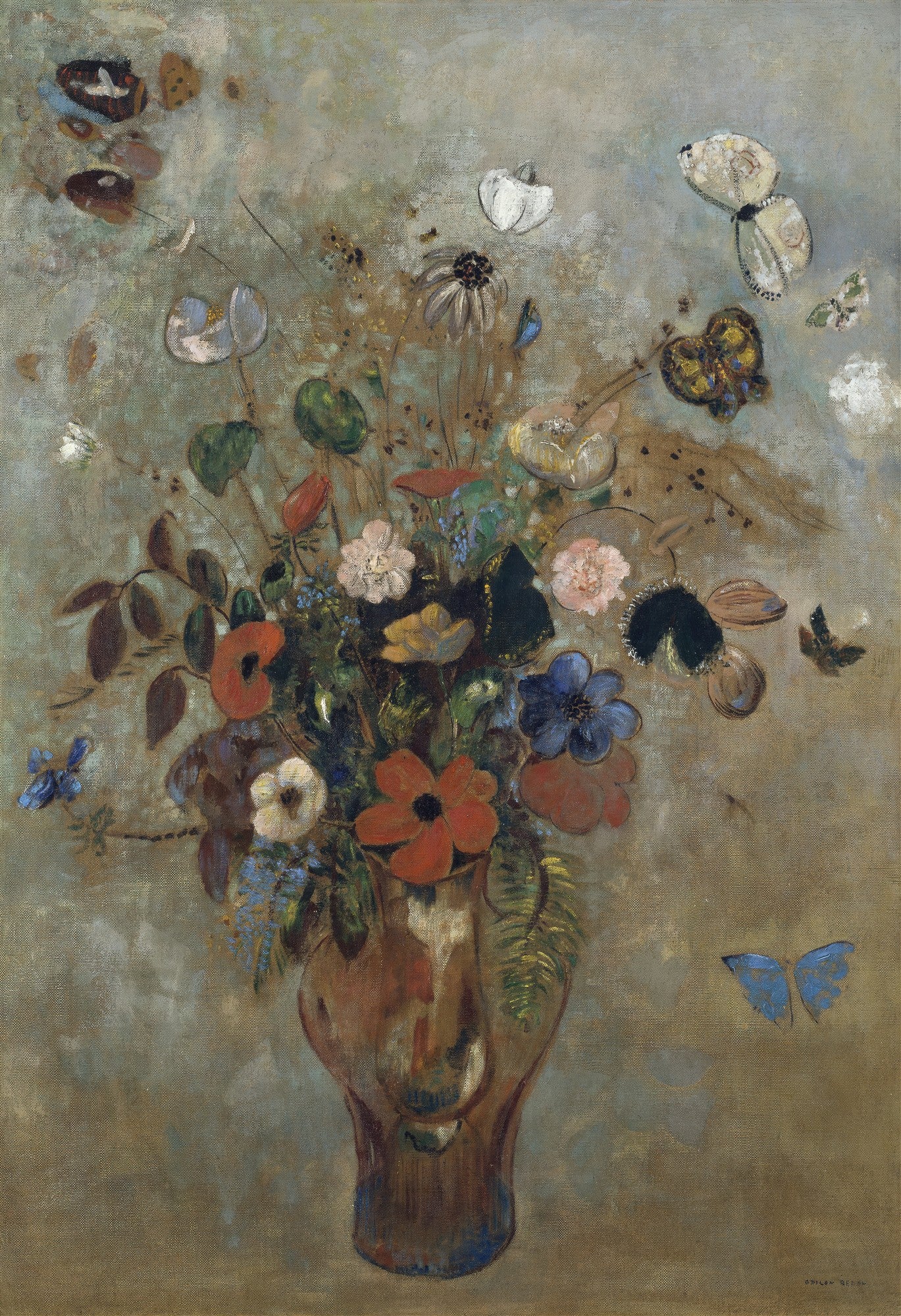 Quadro decorativo com pintura de Odilon Redon, 'Vaso de Flores com Borboletas', representando um arranjo floral em tons pastéis e terrosos, com borboletas esvoaçando ao redor, em estilo simbolista.