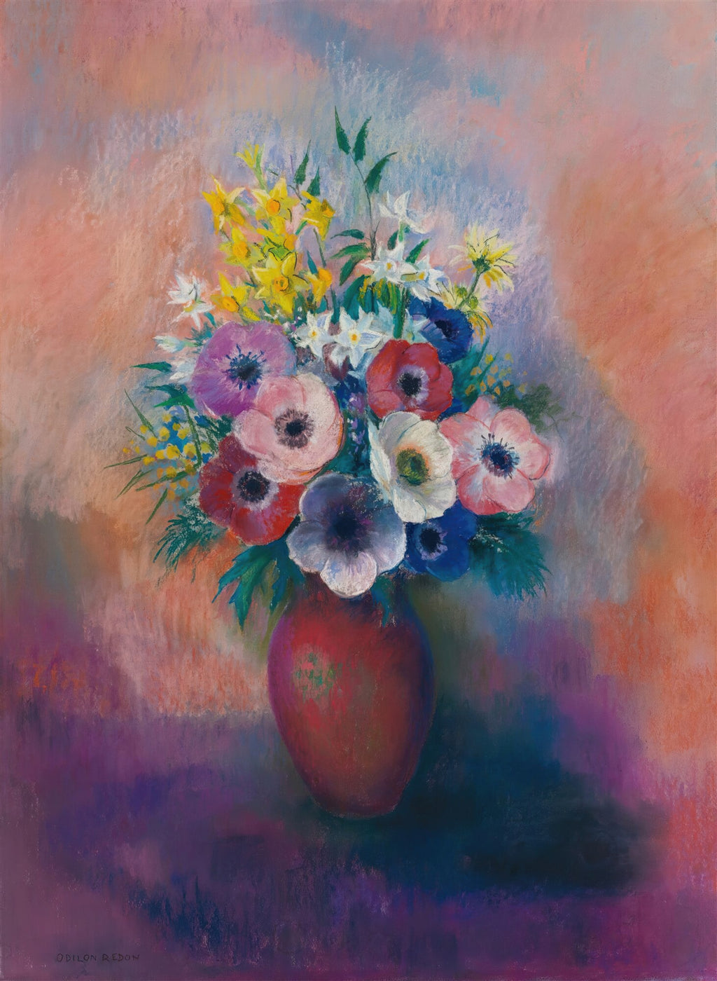 Quadro decorativo com vaso de anêmonas de Odilon Redon. A pintura mostra um buquê de flores coloridas, incluindo anêmonas em tons de rosa, vermelho, roxo e branco, com detalhes em amarelo e verde. O vaso é de cor terrosa e o fundo apresenta uma transição suave de tons pastel, predominantemente rosa e azul, com nuances de roxo.