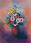 Quadro decorativo com vaso de anêmonas de Odilon Redon. A pintura mostra um buquê de flores coloridas, incluindo anêmonas em tons de rosa, vermelho, roxo e branco, com detalhes em amarelo e verde. O vaso é de cor terrosa e o fundo apresenta uma transição suave de tons pastel, predominantemente rosa e azul, com nuances de roxo.