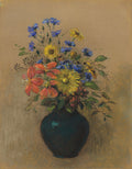 Quadro decorativo 'Vaso de Flores' de Odilon Redon, exibindo um arranjo floral vibrante em um vaso escuro sobre fundo neutro, com técnica de pastel.