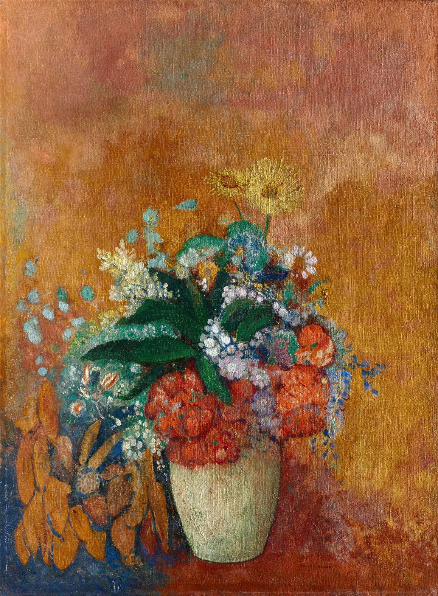 Quadro decorativo 'Bouquet' de Odilon Redon, apresentando um vibrante arranjo floral em um vaso, com flores em tons de vermelho, branco, azul e amarelo contra um fundo amarelado e rosado. A pintura possui uma textura visível e um estilo que remete ao simbolismo.