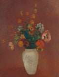 Quadro decorativo Vaso de Flores de Odilon Redon, apresentando um arranjo floral vibrante e etéreo em um vaso branco sobre um fundo marrom-avermelhado.