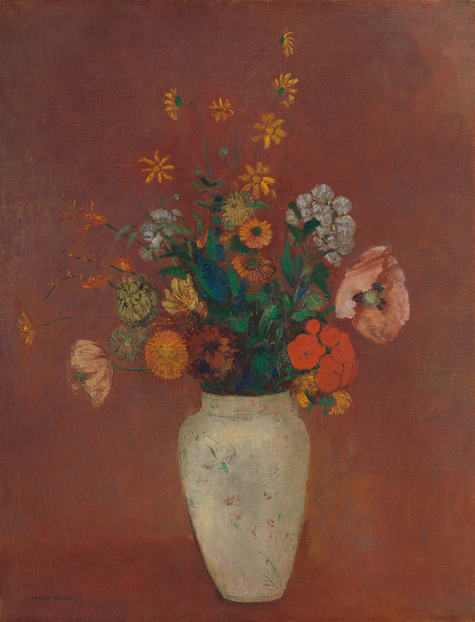 Quadro decorativo Vaso de Flores de Odilon Redon, apresentando um arranjo floral vibrante e etéreo em um vaso branco sobre um fundo marrom-avermelhado.