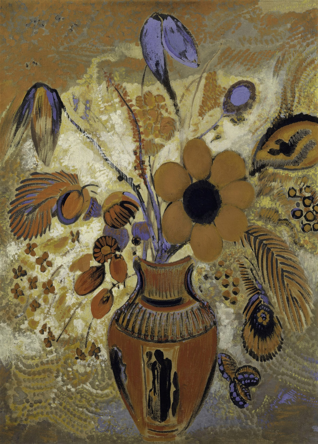 Quadro decorativo de Odilon Redon, 'Vaso de Flores', mostrando um vaso estilizado marrom-avermelhado com arranjo floral de cores vibrantes como amarelo-ocre, roxo e tons terrosos, sobre um fundo texturizado e abstrato. A pintura possui um estilo simbólico e onírico.