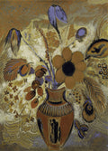 Quadro decorativo de Odilon Redon, 'Vaso de Flores', mostrando um vaso estilizado marrom-avermelhado com arranjo floral de cores vibrantes como amarelo-ocre, roxo e tons terrosos, sobre um fundo texturizado e abstrato. A pintura possui um estilo simbólico e onírico.