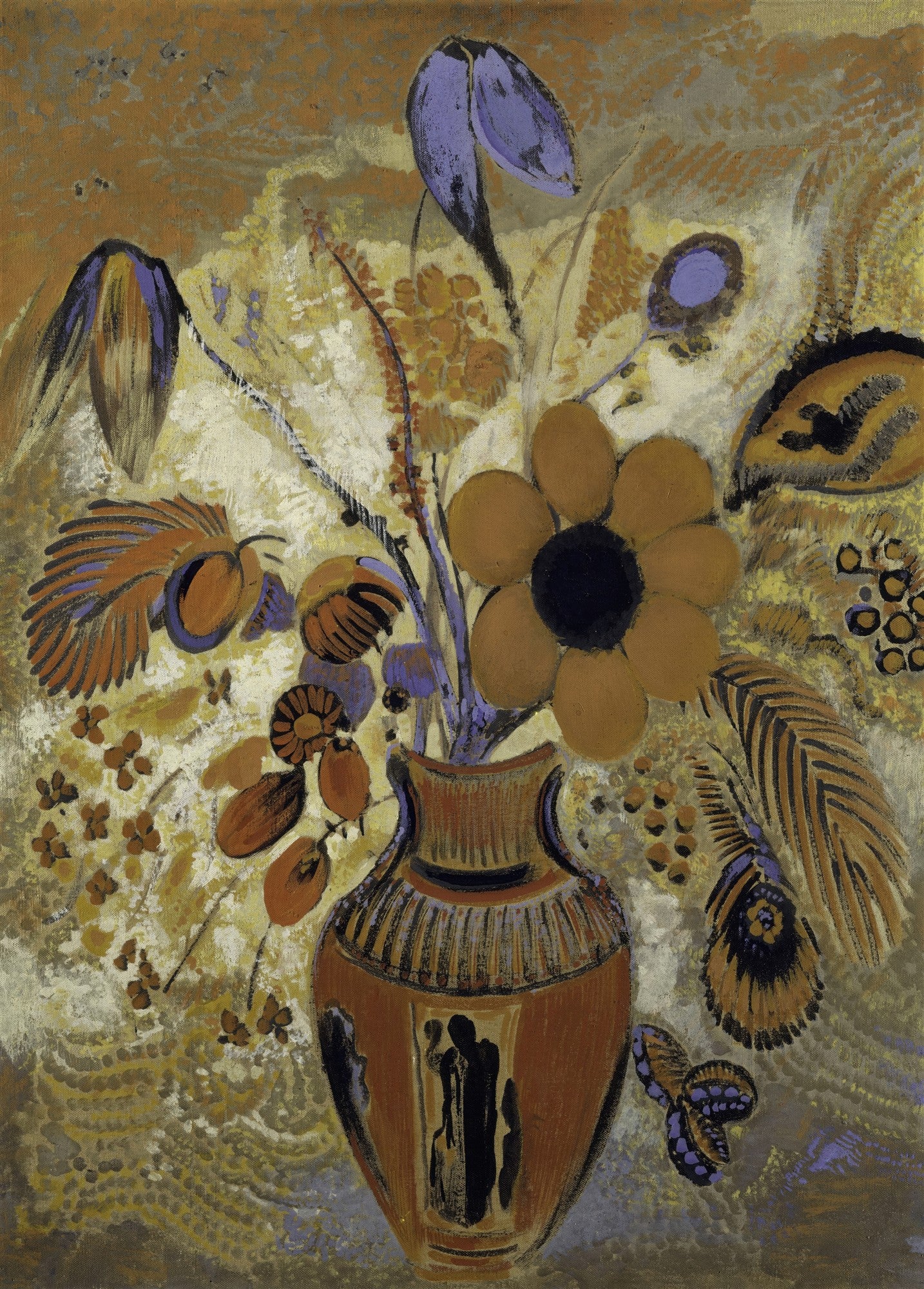 Quadro decorativo de Odilon Redon, 'Vaso de Flores', mostrando um vaso estilizado marrom-avermelhado com arranjo floral de cores vibrantes como amarelo-ocre, roxo e tons terrosos, sobre um fundo texturizado e abstrato. A pintura possui um estilo simbólico e onírico.