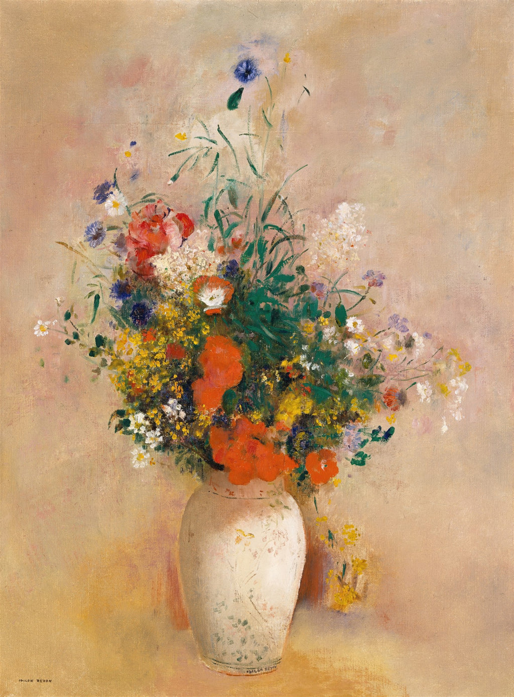 Quadro decorativo colorido de Odilon Redon, "Vaso de Flores", apresentando um buquê vibrante em tons de vermelho, laranja, amarelo, azul e branco dentro de um vaso claro com fundo neutro.