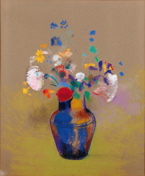 Quadro decorativo com a obra 'Vase of Flowers' de Odilon Redon, mostrando um vaso azul com um buquê de flores coloridas em tons pastel sobre um fundo marrom-ocre.