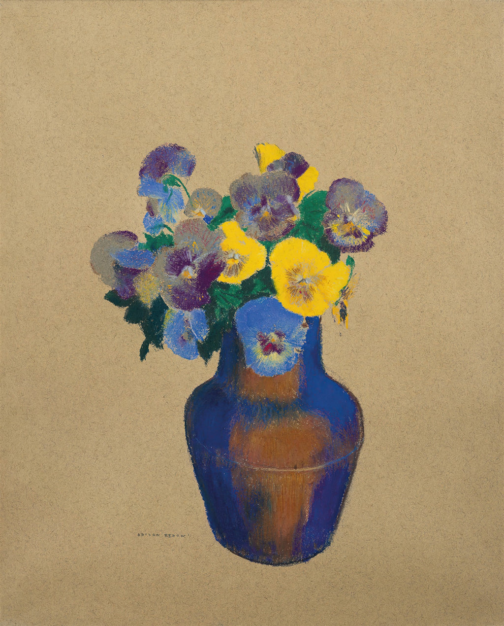 Quadro decorativo com um vaso azul de flores em tons de violeta, amarelo e azul, sobre um fundo bege. Obra de Odilon Redon.