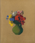 Quadro decorativo com imagem de um vaso de flores de Odilon Redon. Vaso verde com arranjo de flores vermelhas, azuis, amarelas e brancas sobre fundo marrom claro. Estilo simbolista, pastel sobre papel.