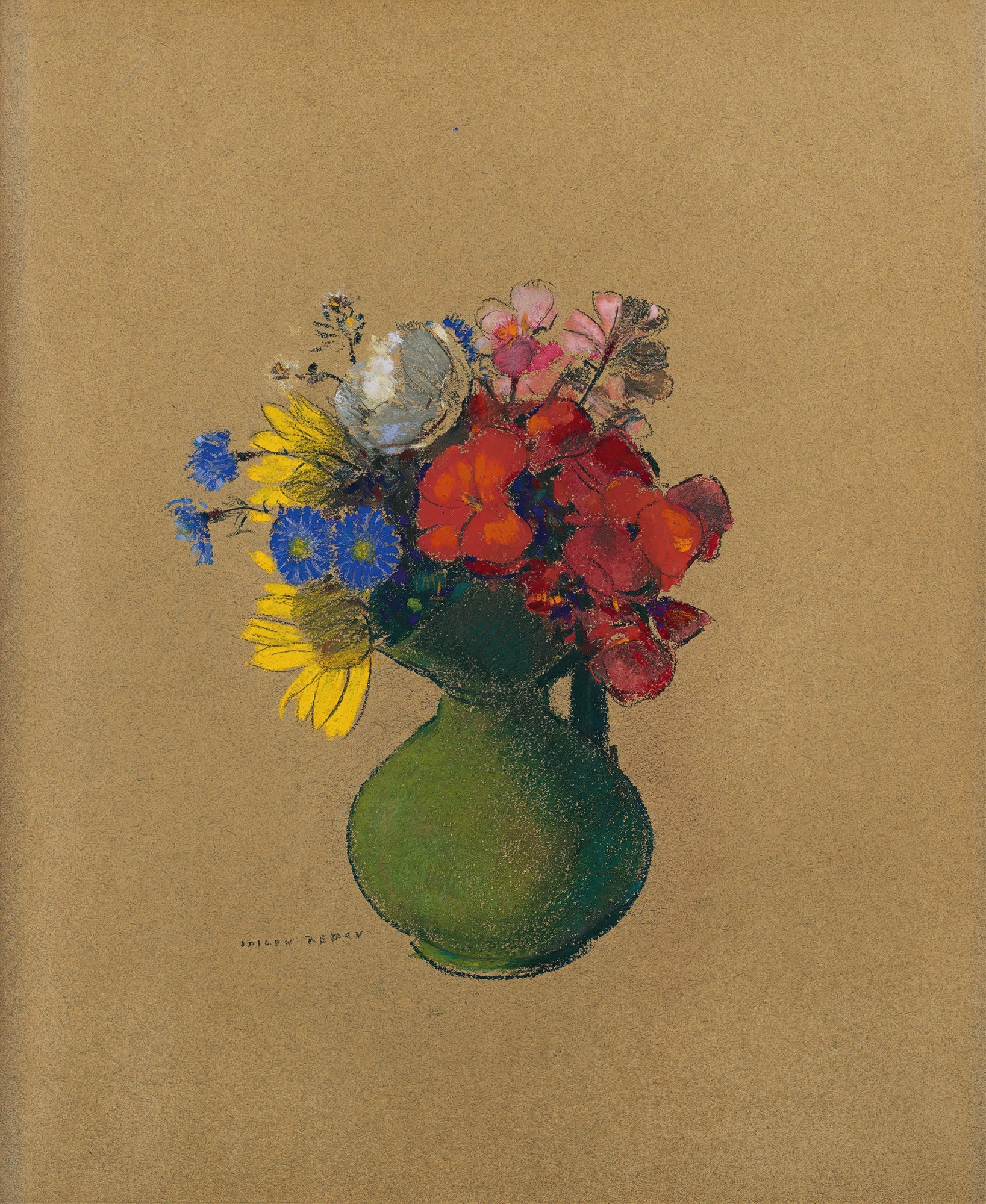 Quadro decorativo com imagem de um vaso de flores de Odilon Redon. Vaso verde com arranjo de flores vermelhas, azuis, amarelas e brancas sobre fundo marrom claro. Estilo simbolista, pastel sobre papel.