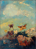 Quadro decorativo do artista Odilon Redon, intitulado 'Borboletas e Flores', mostrando diversas borboletas coloridas voando sobre um corpo d'água e flores em tons terrosos, com um céu azul e nuvens claras ao fundo. A técnica é óleo sobre tela, com pinceladas visíveis, criando uma atmosfera etérea e sonhadora. A obra exibe rochas e vegetação na parte inferior, e os insetos têm detalhes vibrantes em suas asas e corpos. A paleta de cores é suave, dominada por azuis, verdes, amarelos e tons terrosos.