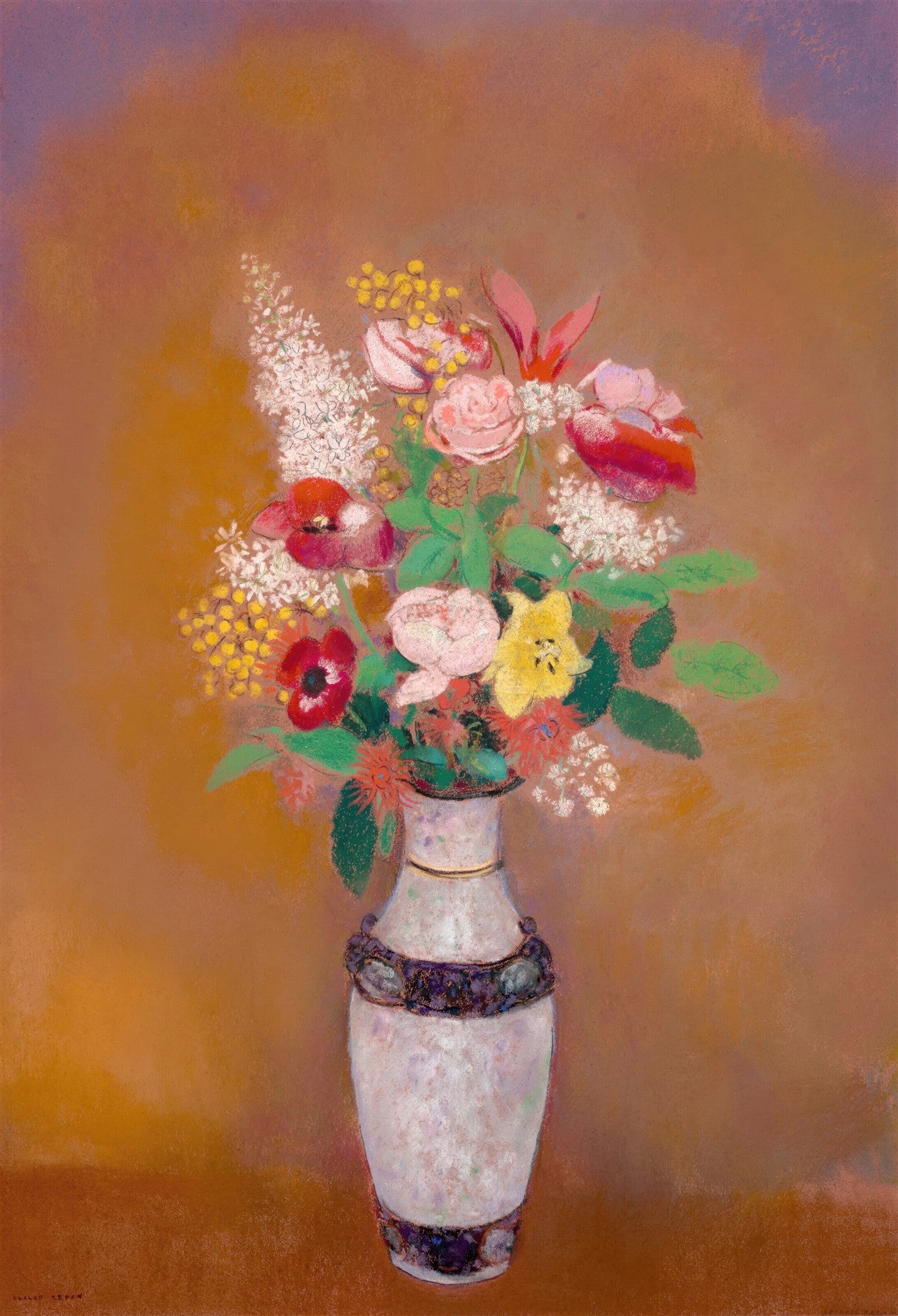 Quadro decorativo de um vaso branco com arranjo de flores coloridas, como rosas, papoulas, lilases e mimosas, em tons pastéis de Odilon Redon.