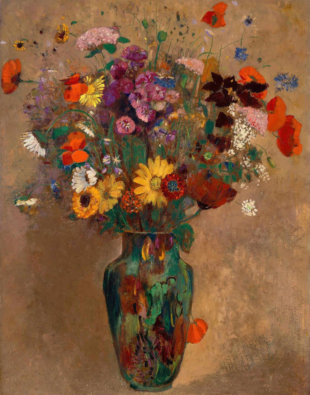 Quadro decorativo 'Vaso de Flores' de Odilon Redon, apresentando um arranjo exuberante de flores variadas em tons vibrantes de vermelho, amarelo, rosa, roxo e azul, dentro de um vaso decorado em tons de verde e marrom. O fundo é neutro e texturizado.