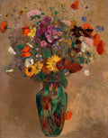 Quadro decorativo 'Vaso de Flores' de Odilon Redon, apresentando um arranjo exuberante de flores variadas em tons vibrantes de vermelho, amarelo, rosa, roxo e azul, dentro de um vaso decorado em tons de verde e marrom. O fundo é neutro e texturizado.