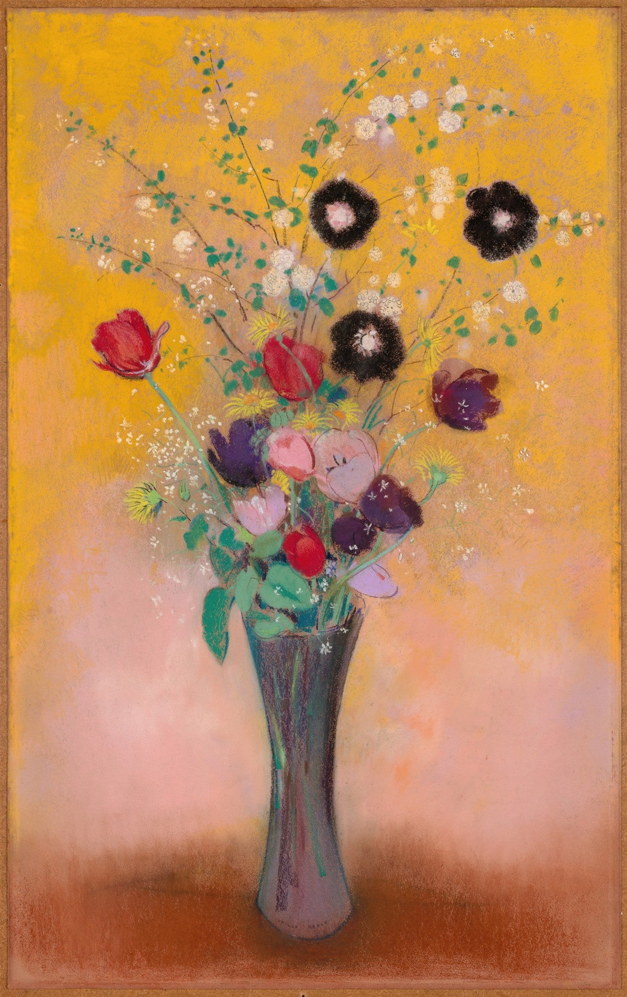 Quadro decorativo 'Vaso de Flores' de Odilon Redon, representando um arranjo floral em um vaso escuro sobre fundo amarelo e rosa, com flores em tons de vermelho, roxo, preto e branco, em estilo simbolista.