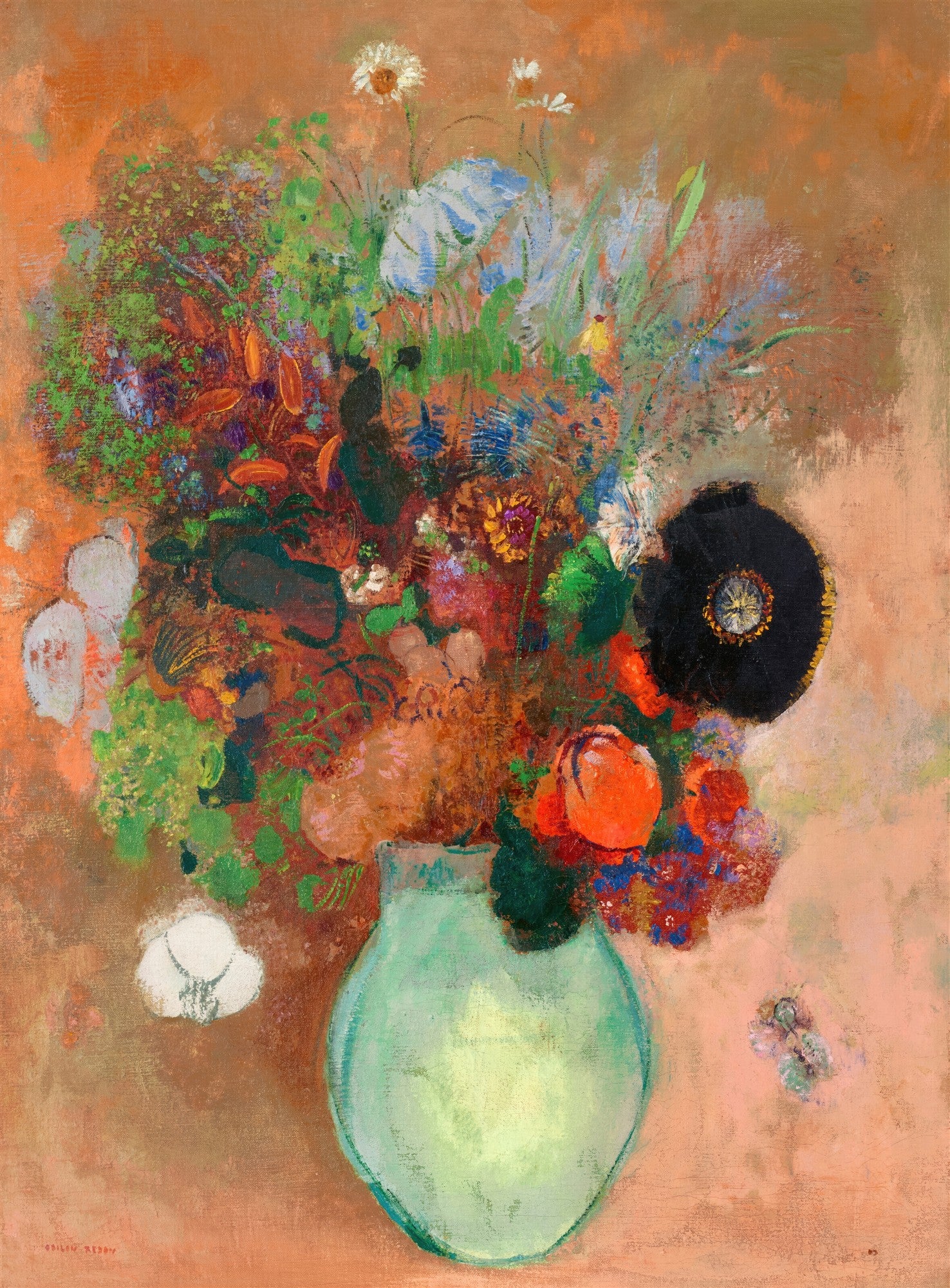 Quadro decorativo com pintura de vaso de flores vibrantes e oníricas de Odilon Redon, com fundo terroso e tons de verde, laranja, preto e branco.
