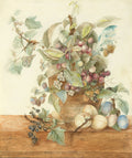 Quadro decorativo aquarela de Odilon Redon, 'Cesta de Frutas e Flores', apresentando uma cesta de vime transbordando com cerejas vermelhas, groselhas brancas e pretas, amoras e ameixas, cercada por folhas verdes e galhos. Assinatura do artista no canto inferior esquerdo.