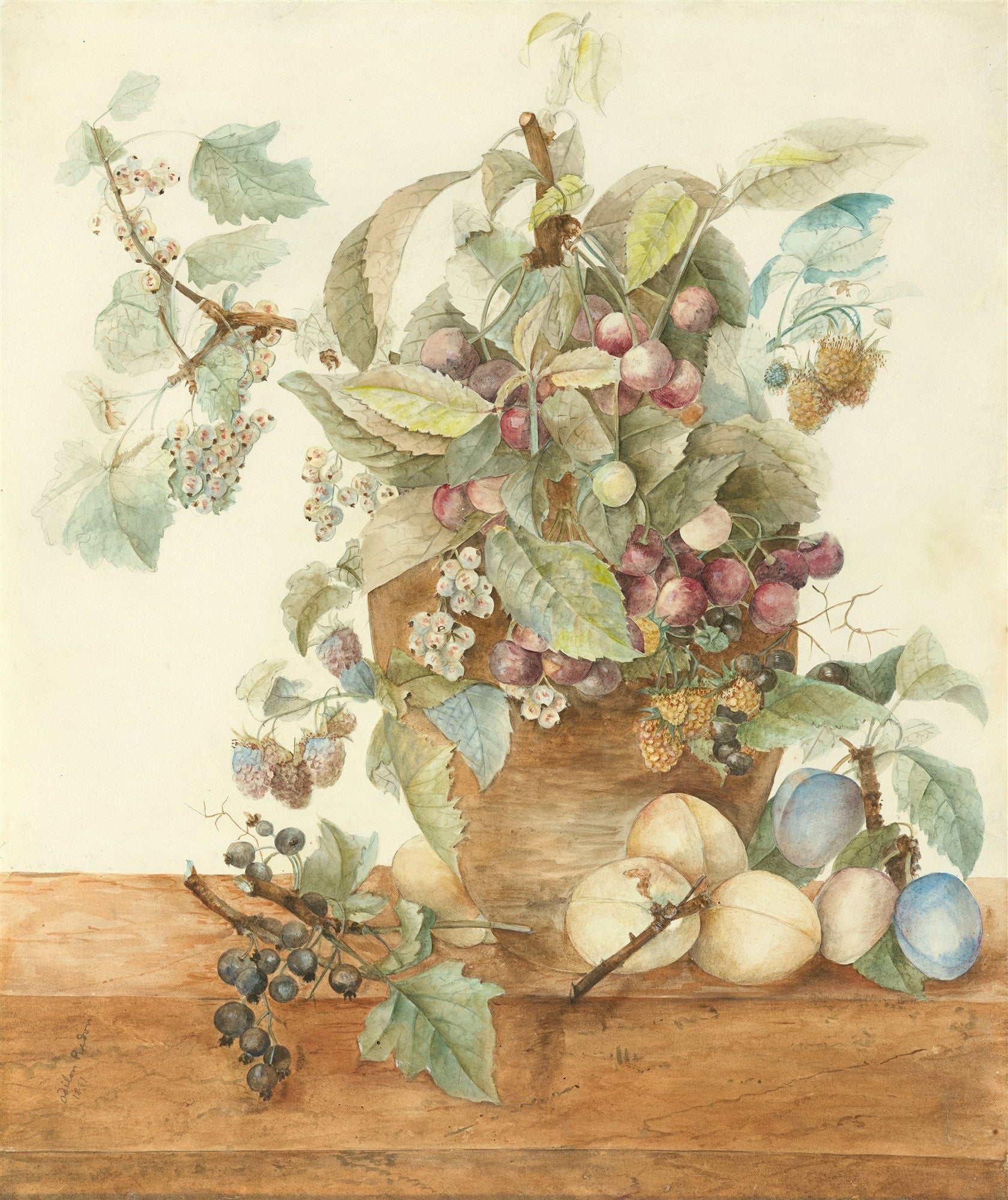 Quadro decorativo aquarela de Odilon Redon, 'Cesta de Frutas e Flores', apresentando uma cesta de vime transbordando com cerejas vermelhas, groselhas brancas e pretas, amoras e ameixas, cercada por folhas verdes e galhos. Assinatura do artista no canto inferior esquerdo.