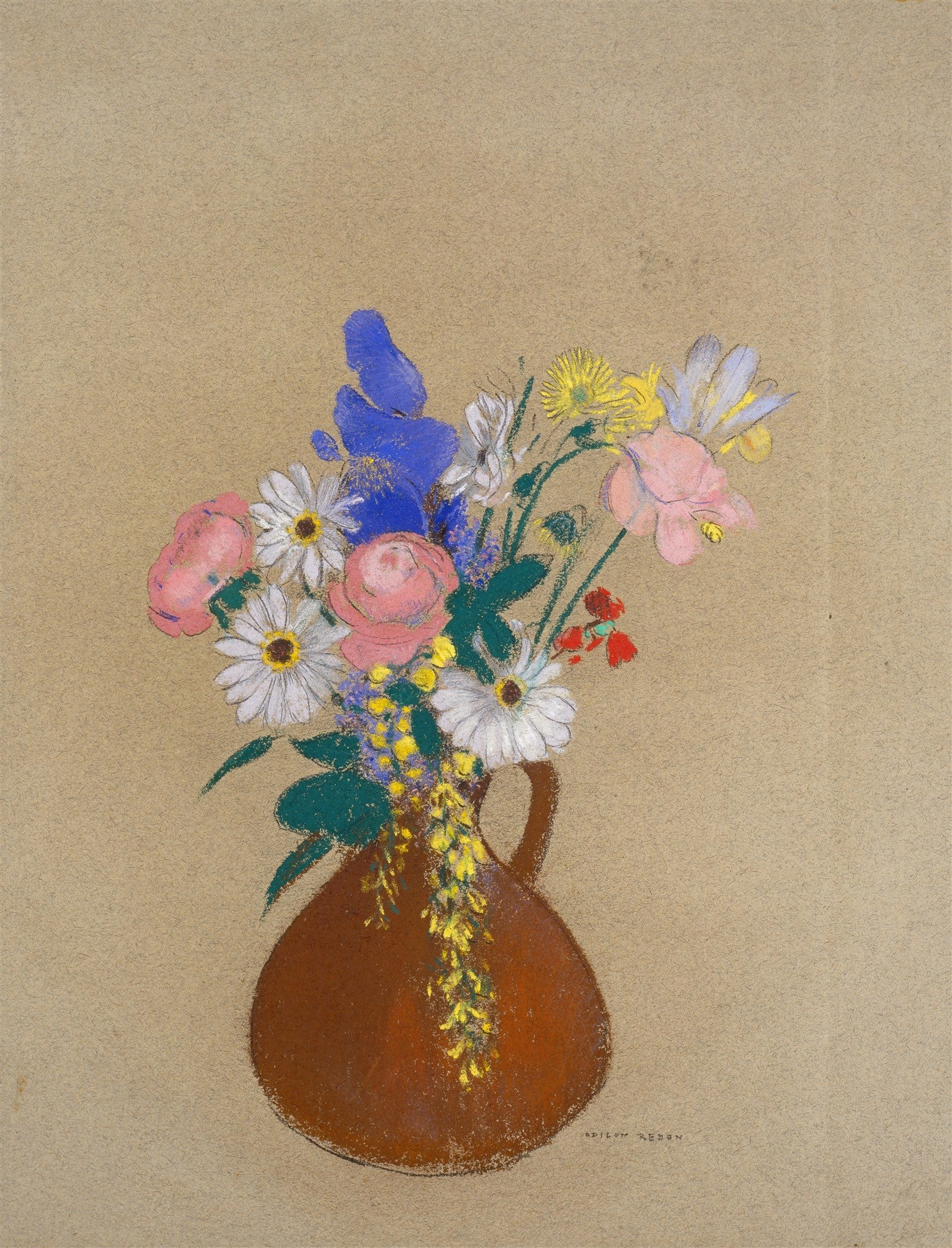 Quadro decorativo com um vaso marrom contendo um buquê de flores coloridas em tons de azul, rosa, branco e amarelo, sobre um fundo neutro. Obra de Odilon Redon.