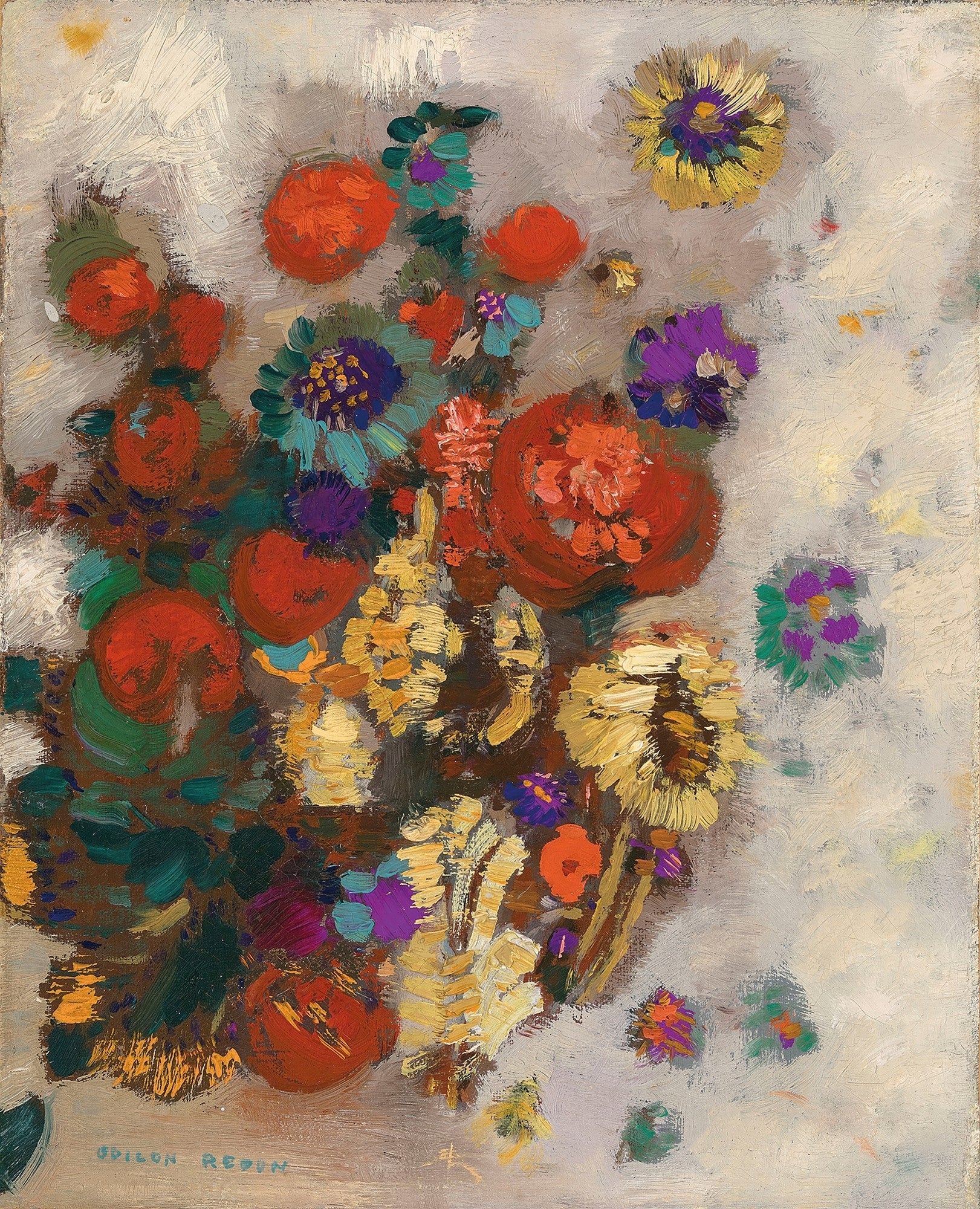 Pintura a óleo vibrante de Odilon Redon, representando um arranjo floral abstrato com flores em tons de laranja, vermelho, amarelo, azul e roxo, com pinceladas grossas e fundo claro texturizado.