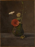 Vaso de flores de Odilon Redon, com flores brancas e vermelhas em um vaso escuro sobre uma superfície marrom, fundo escuro e sombrio. Estilo simbolista.