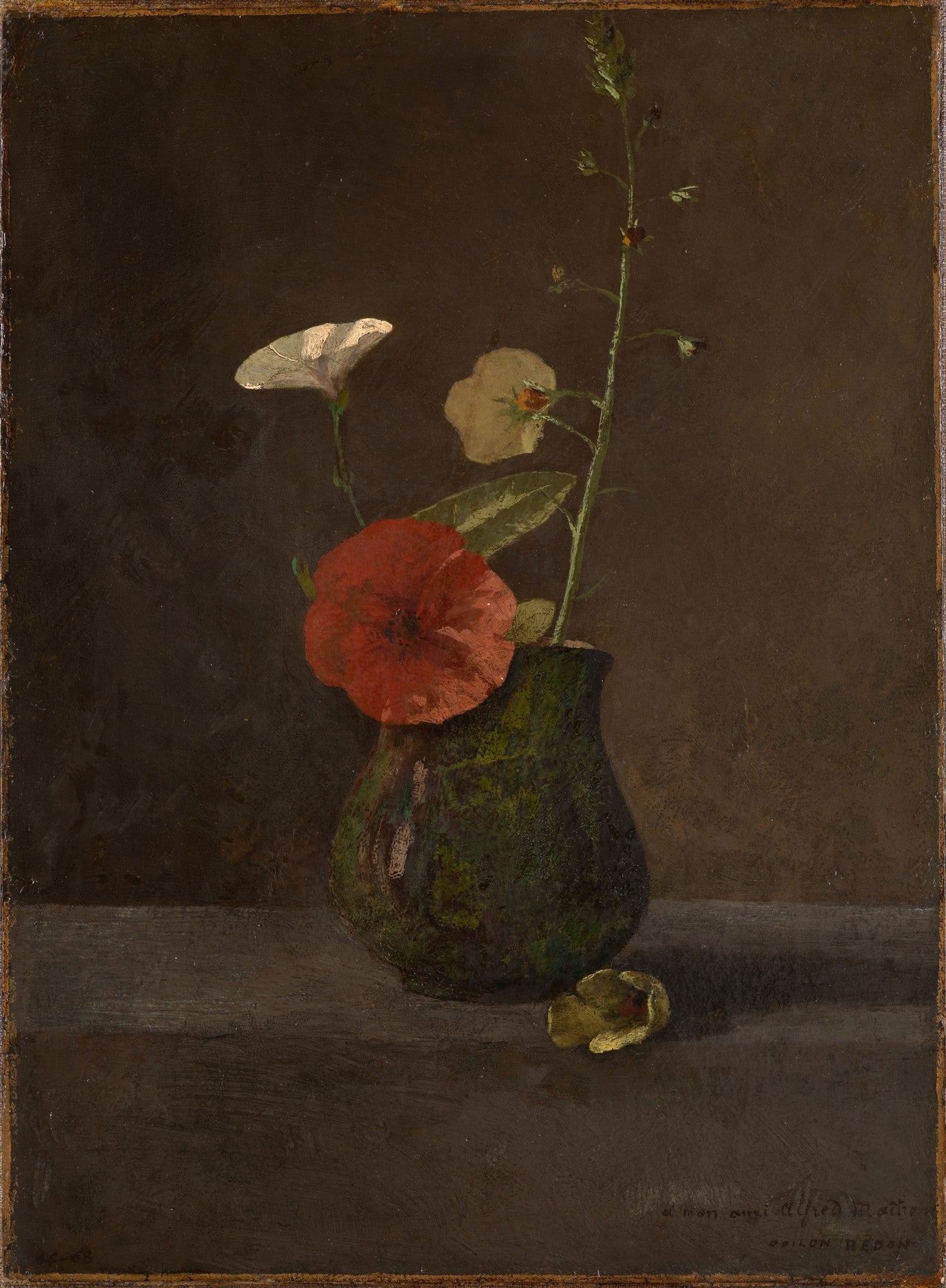 Vaso de flores de Odilon Redon, com flores brancas e vermelhas em um vaso escuro sobre uma superfície marrom, fundo escuro e sombrio. Estilo simbolista.