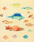 Quadro decorativo com diversos peixes coloridos em aquarela, de Odilon Redon. Peixes em tons de azul, amarelo, vermelho e marrom flutuam em um fundo creme, com uma assinatura 'Od.R.' no canto inferior esquerdo.