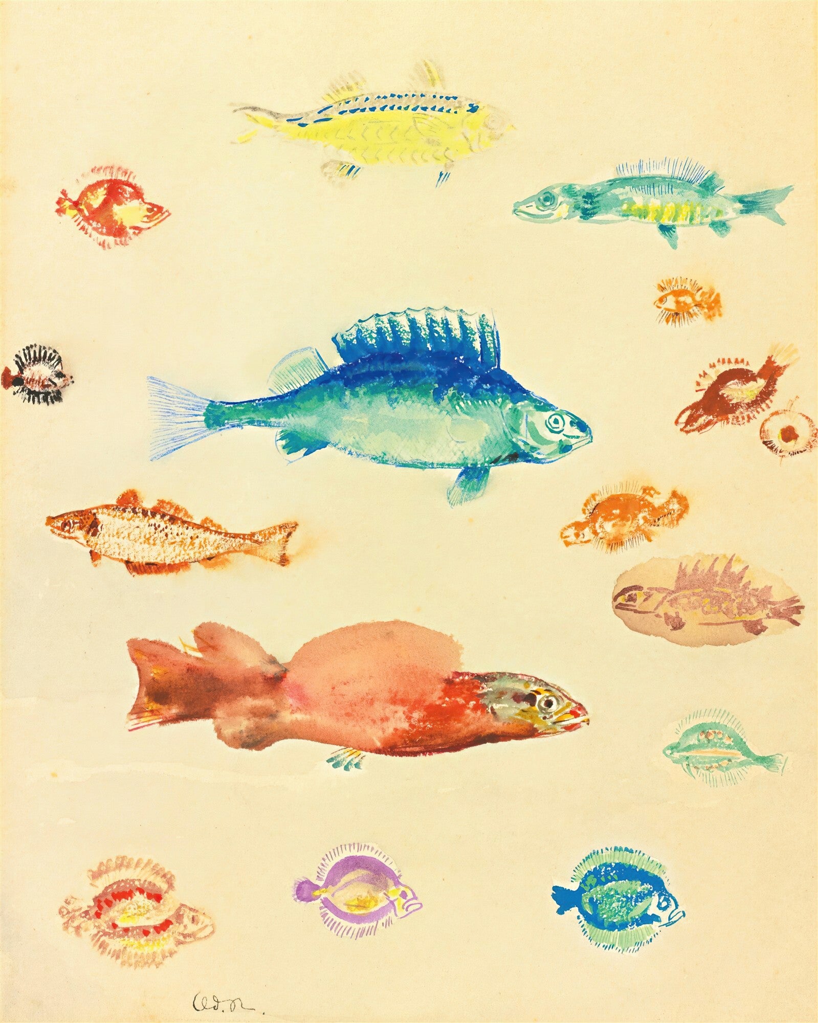 Quadro decorativo com diversos peixes coloridos em aquarela, de Odilon Redon. Peixes em tons de azul, amarelo, vermelho e marrom flutuam em um fundo creme, com uma assinatura 'Od.R.' no canto inferior esquerdo.
