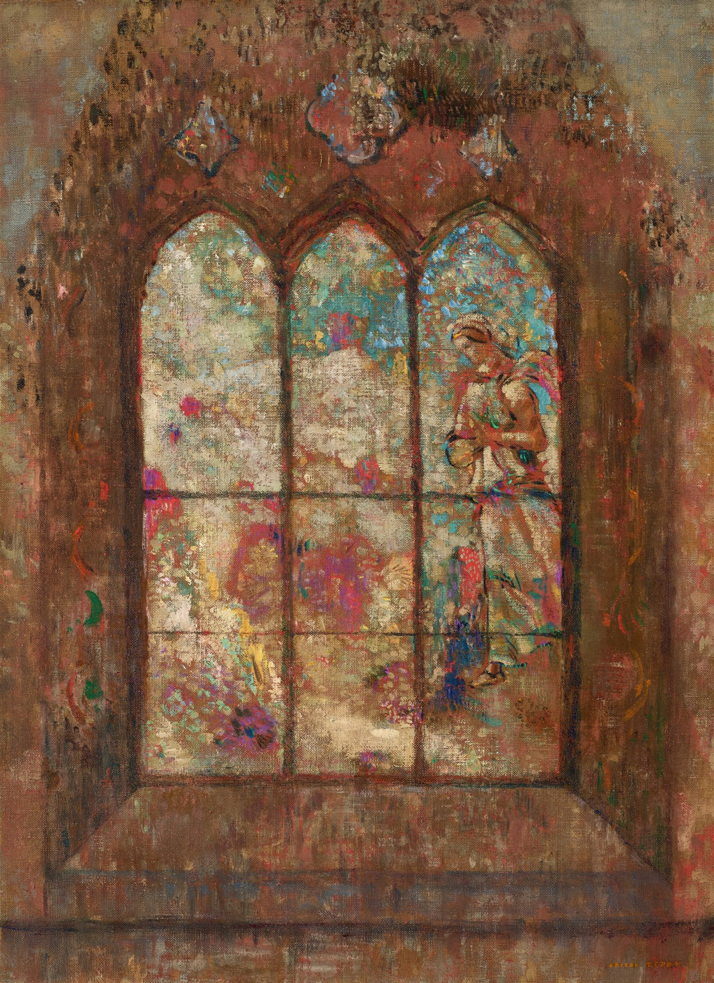 Quadro decorativo mostrando uma janela gótica com arcos pontiagudos. Os vitrais coloridos exibem figuras etéreas e abstratas em tons de azul, verde, rosa e dourado, com uma moldura de pedra em tons terrosos e avermelhados, com textura de pátina e musgo. A luz filtrada pelos vitrais cria um efeito onírico.