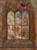 Quadro decorativo mostrando uma janela gótica com arcos pontiagudos. Os vitrais coloridos exibem figuras etéreas e abstratas em tons de azul, verde, rosa e dourado, com uma moldura de pedra em tons terrosos e avermelhados, com textura de pátina e musgo. A luz filtrada pelos vitrais cria um efeito onírico.