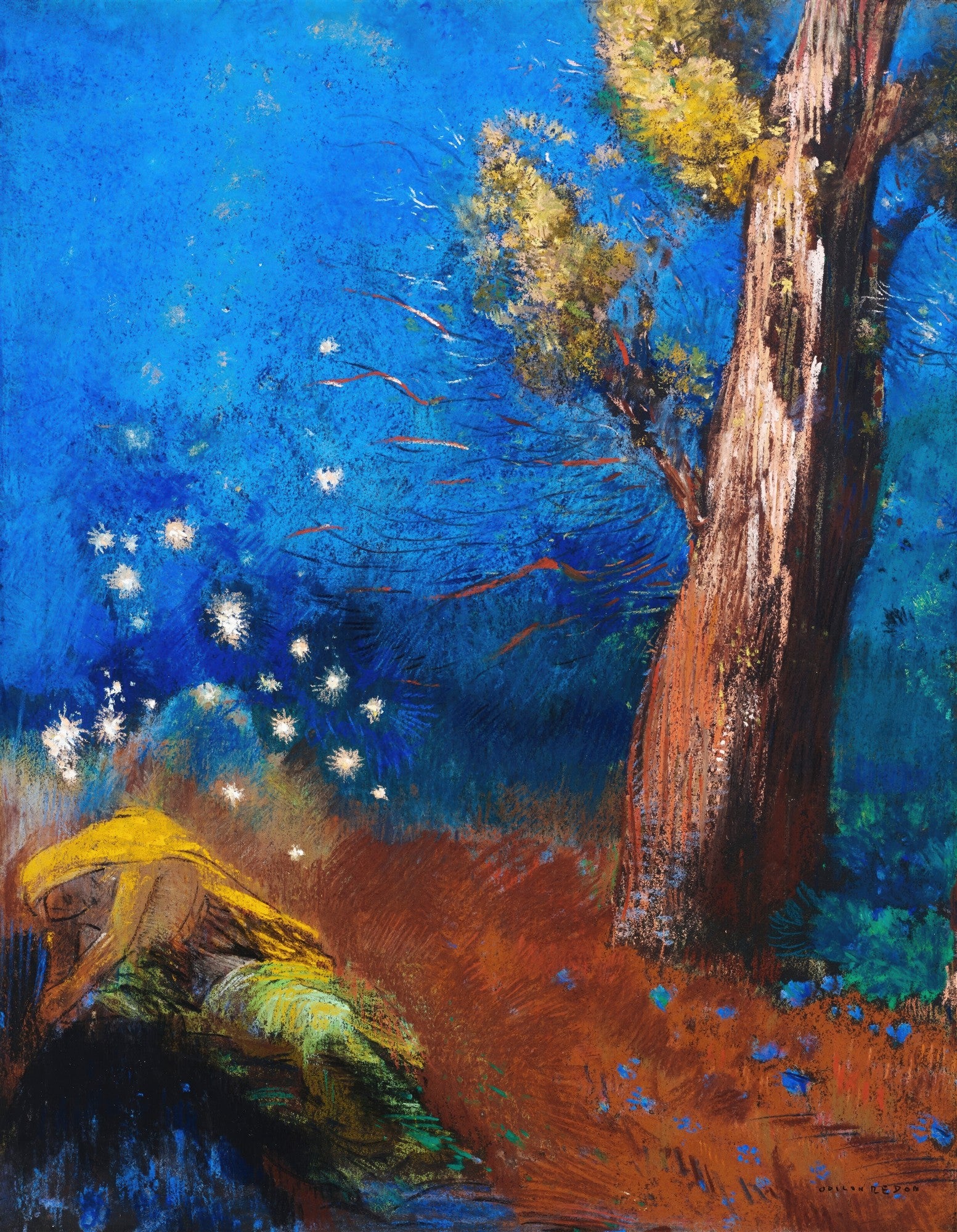 Quadro decorativo com obra de Odilon Redon, representando uma figura deitada sob uma árvore, com um céu azul intenso e estrelas brancas, em tons de azul, marrom e amarelo.