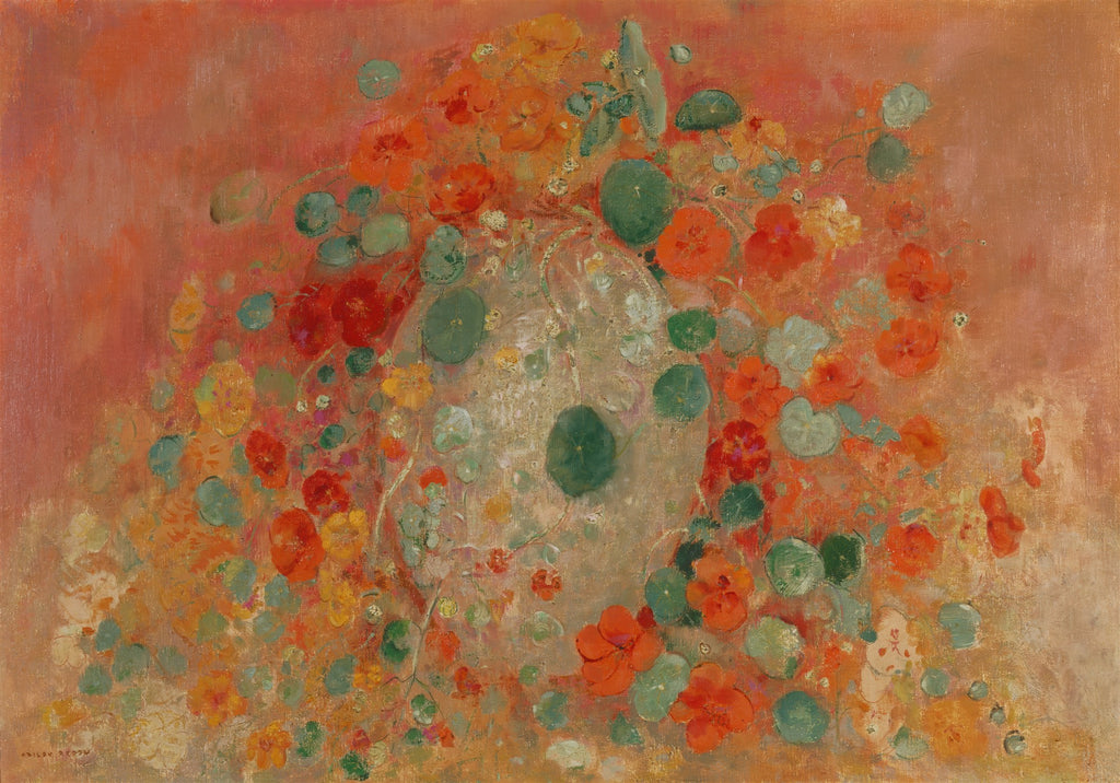 Quadro decorativo com pintura de Odilon Redon, "Capucines", exibindo flores e folhas de capuchinha em tons de laranja, vermelho, amarelo e verde sobre um fundo texturizado em tons de pêssego e ocre.