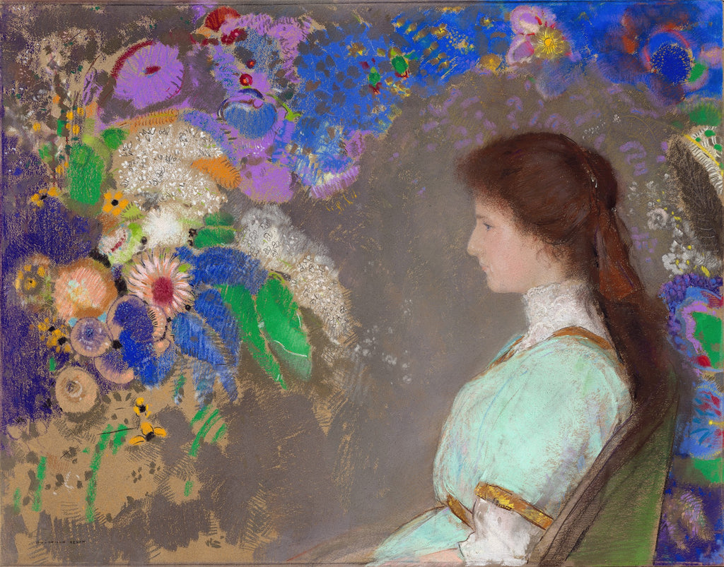 Quadro decorativo com obra de Odilon Redon, A Jovem e as Flores. Retrata uma mulher de perfil com cabelos castanhos e vestido azul-esverdeado, olhando para um arranjo floral vibrante e fantasioso em tons de azul, roxo, verde, rosa e amarelo sobre um fundo escuro.