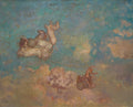 Quadro decorativo com a pintura 'A Carruagem de Apolo' de Odilon Redon. A obra mostra uma carruagem dourada puxada por cavalos alados voando em um céu azul e nublado, com nuvens em tons de pêssego e azul-esverdeado. Uma figura humana estilizada pilota a carruagem. A assinatura 'ODILON REDON' está no canto inferior esquerdo.