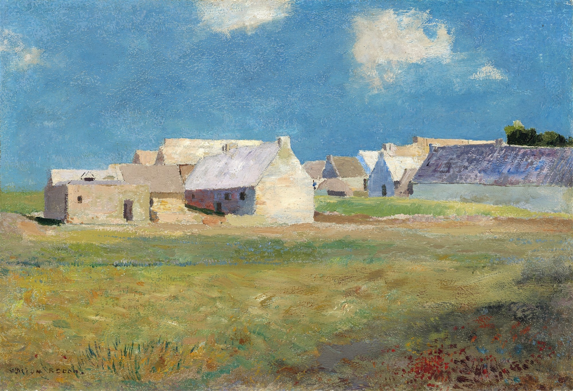 Pintura a óleo de Odilon Redon retratando um vilarejo com casas de paredes brancas e telhados claros, cercado por campos verdes e um céu azul com nuvens brancas, sob uma luz diurna.