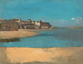 Quadro decorativo com paisagem costeira de Odilon Redon, mostrando um vilarejo à beira-mar com casas de telhados marrons e paredes claras, uma faixa de areia dourada e águas azuis-esverdeadas sob um céu azul claro com nuvens no horizonte. Assinatura do artista no canto inferior direito.