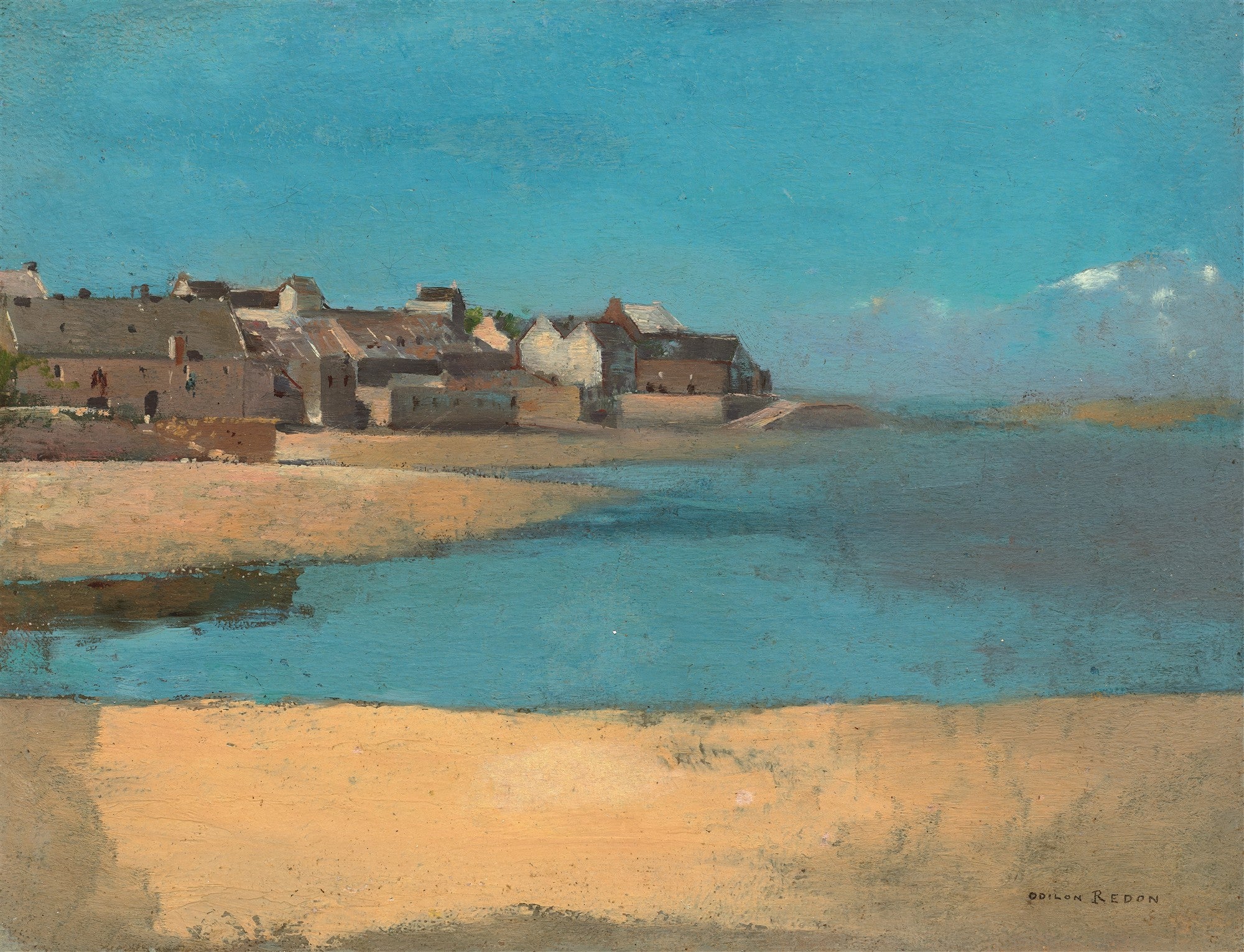 Quadro decorativo com paisagem costeira de Odilon Redon, mostrando um vilarejo à beira-mar com casas de telhados marrons e paredes claras, uma faixa de areia dourada e águas azuis-esverdeadas sob um céu azul claro com nuvens no horizonte. Assinatura do artista no canto inferior direito.