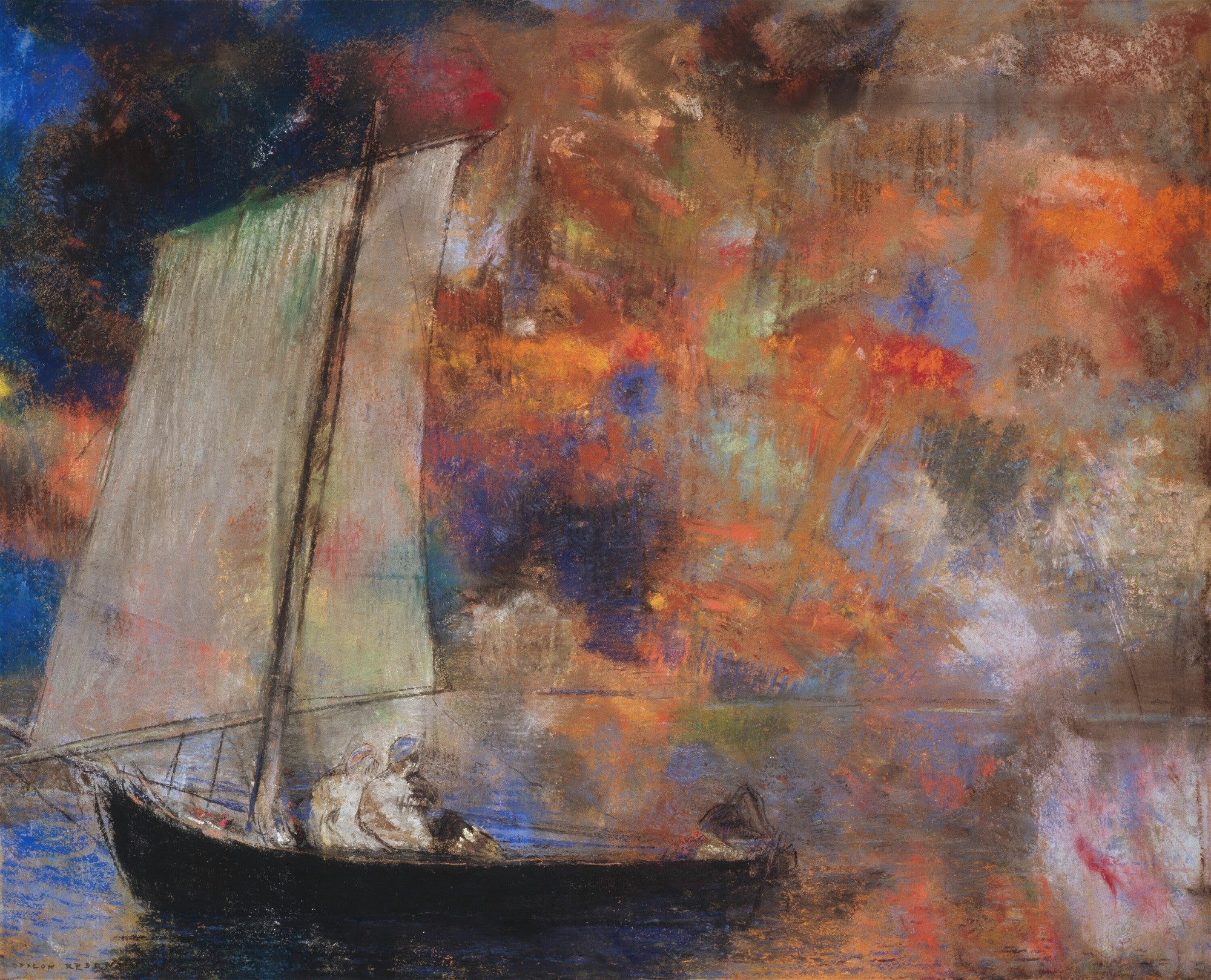 Quadro decorativo colorido em tons de azul, laranja e vermelho, representando uma barca com vela branca e figuras a bordo. A técnica de pastel de Odilon Redon cria um efeito etéreo e onírico.