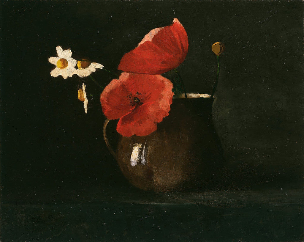 Pintura de Odilon Redon, Flores e Papoulas em Vaso, com papoulas vermelhas e margaridas brancas em um vaso escuro sobre fundo preto.