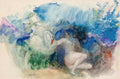 Quadro decorativo com aquarela de Odilon Redon, "Apolo e o Cisne". Um cisne branco com bico laranja e uma figura feminina sentada em tons de cinza e rosa, rodeados por pinceladas azuis, verdes e roxas, criando uma atmosfera onírica e fluida.