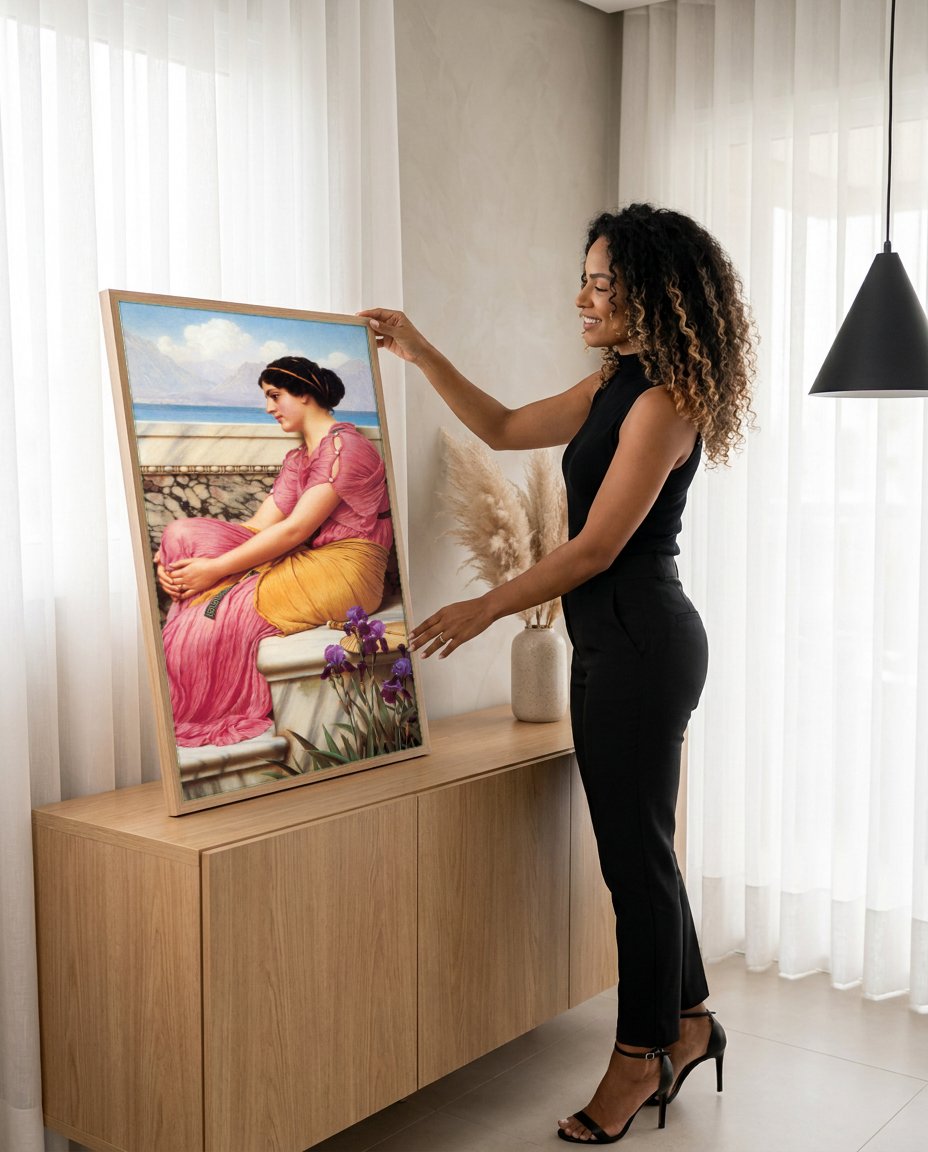 Quadro Decorativo A New Arrival - J.W. Godward com modelo em ambiente
