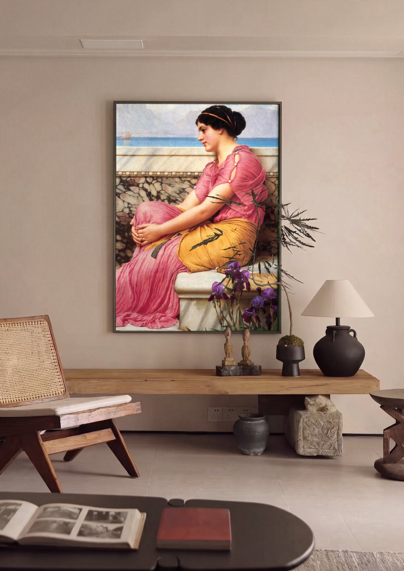 Quadro Decorativo A New Arrival - J.W. Godward em ambiente decorado