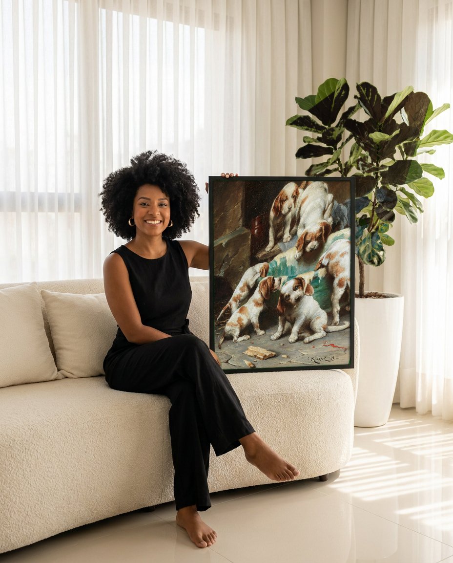 Quadro Decorativo Cãezinhos Brincalhões - Carl Reichert com modelo em ambiente