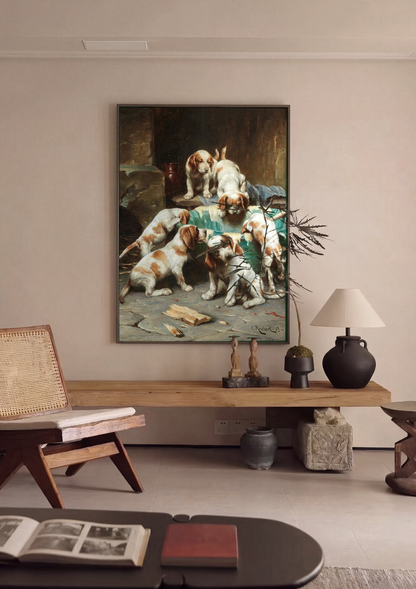 Quadro Decorativo Cãezinhos Brincalhões - Carl Reichert em ambiente decorado