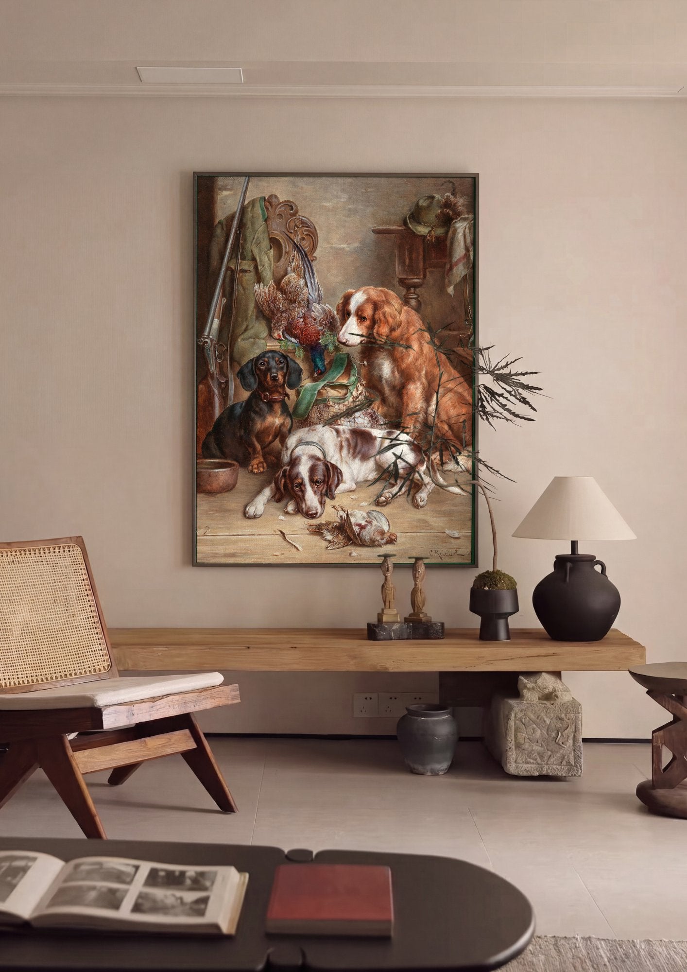 Quadro Decorativo Cães de Caça e Faisões - Carl Reichert em ambiente decorado
