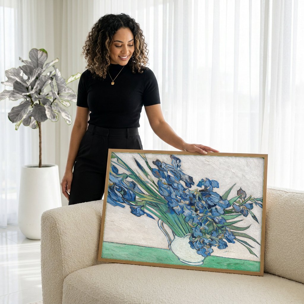 Quadro Decorativo Irises - Van Gogh com modelo em ambiente